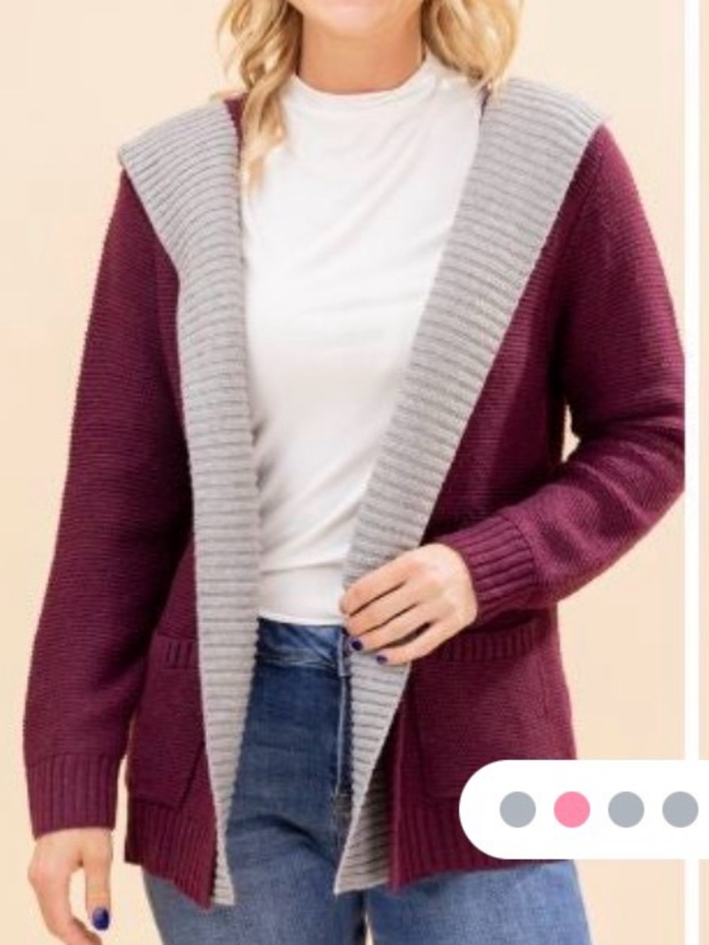 Double Layer Open-Front Two-Tone Knit Cardigan Sweater - Plum/Grey.